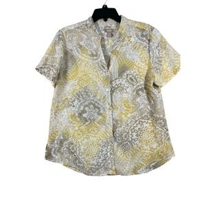 Chico's Button-Up Top Paisley Print Short Sleeve Blouse Yellow Size 1‎ Women